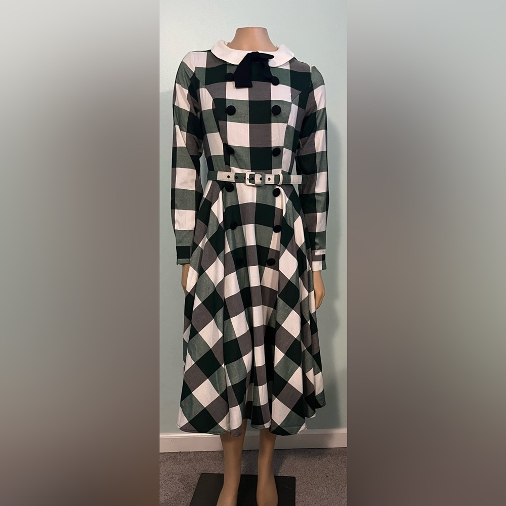 Collectif Green Black and White Checkered Midi Dress